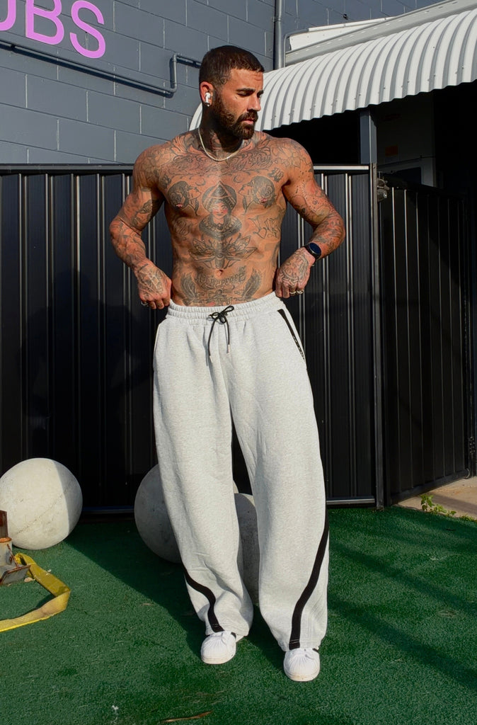 FR Sports Stripe Barrel Leg Trackpant Grey Marle